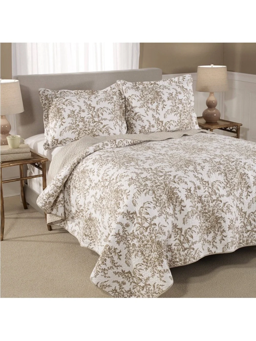 Laura Ashley~ Twin Bedford Floral Mocha 2Pc Quilt Set Reversible ~ 100% Cotton